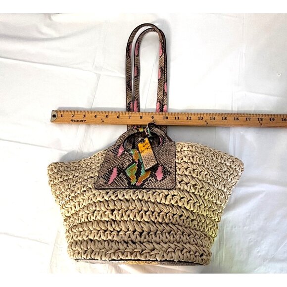 Vince Camuto Lena Straw Tote Bag Faux Snakeskin Duo Handles Boho Chic Beachy - Picture 8 of 12